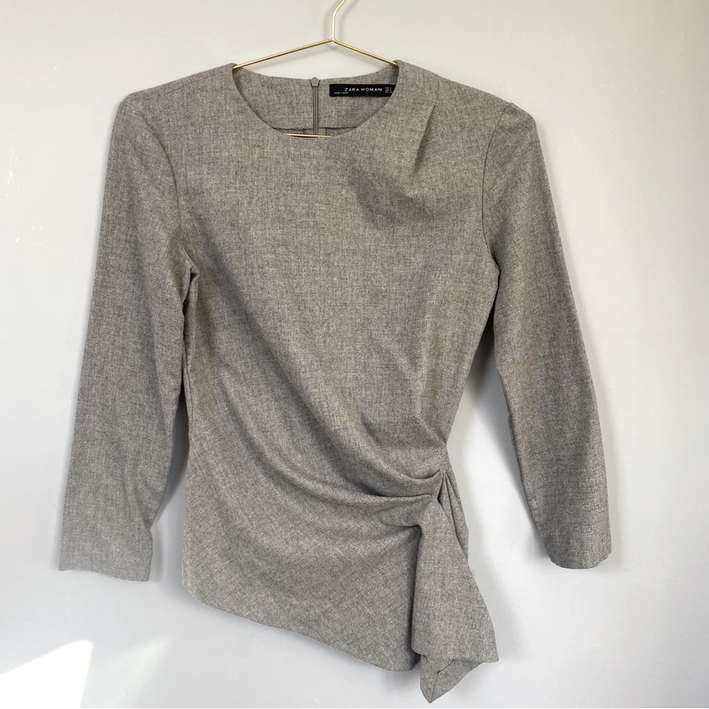 Zara Woman modest Gray long sleeve blouse professional soft dressy top shirt